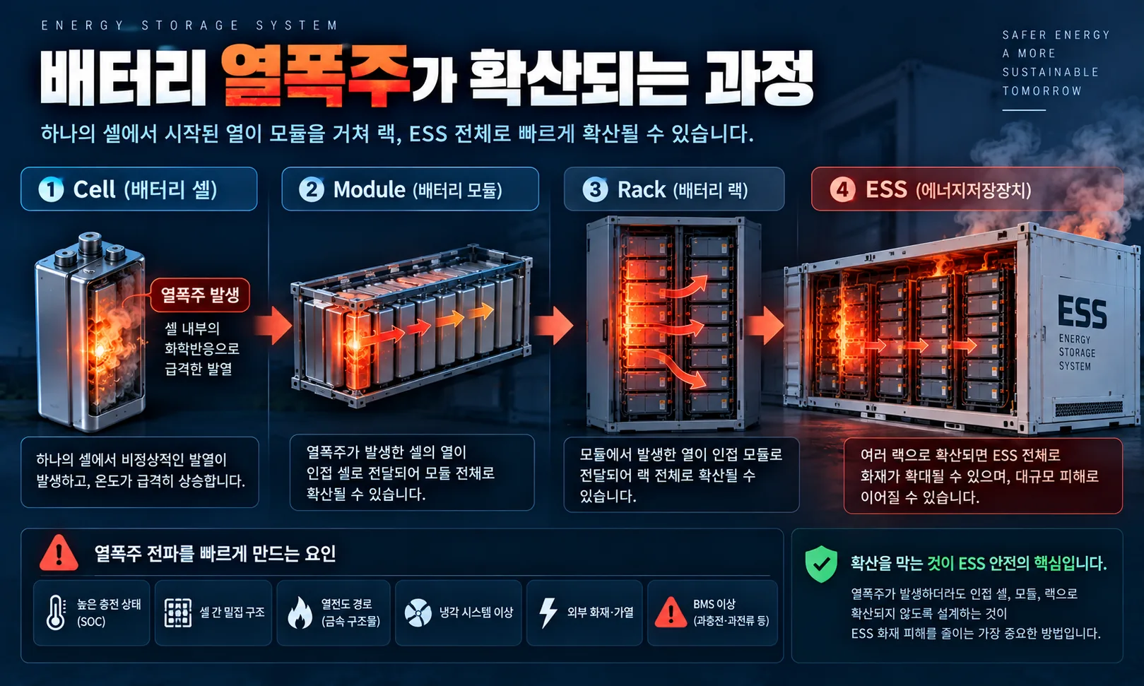 배터리 셀에서 시작한 열폭주가 모듈과 랙을 거쳐 ESS 전체로 전파되는 구조를 보여주는 인포그래픽