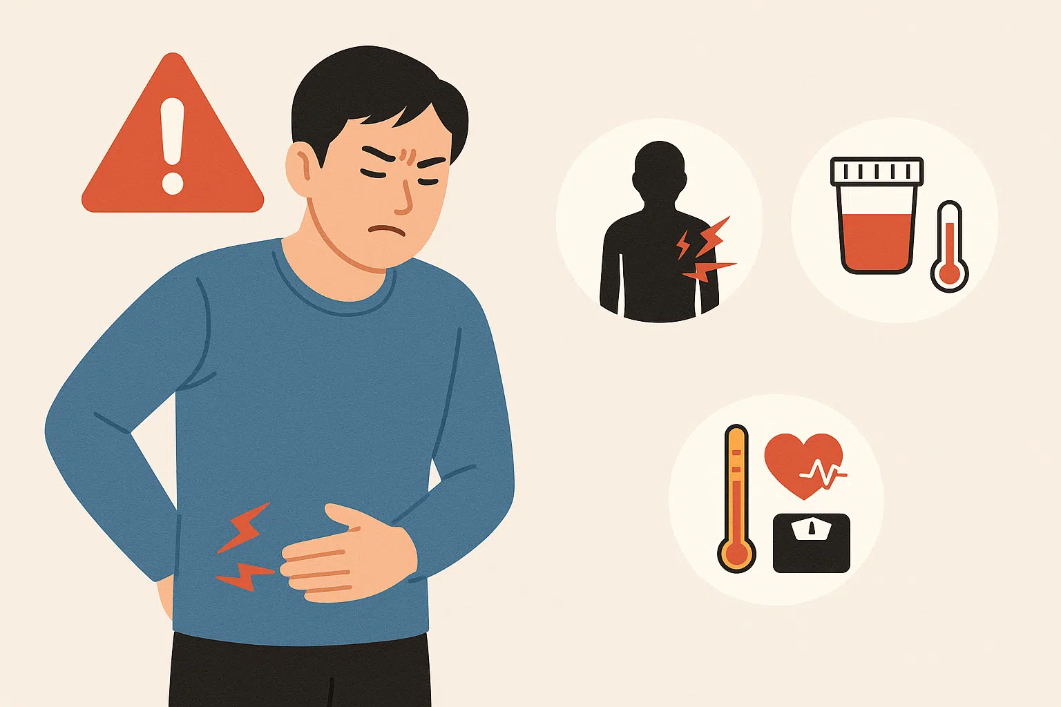 옆구리 극심 통증, 붉은 소변, 발열·빈맥·체중 감소 증상