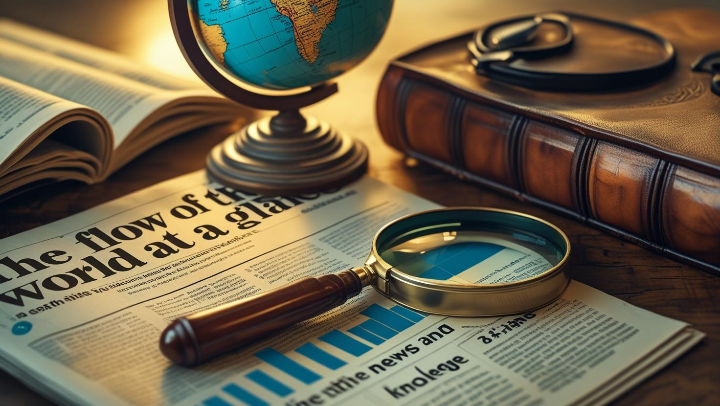 뉴스, 시사, 지식을 상징하는 신문과 그래프, 지구본이 담긴 이미지