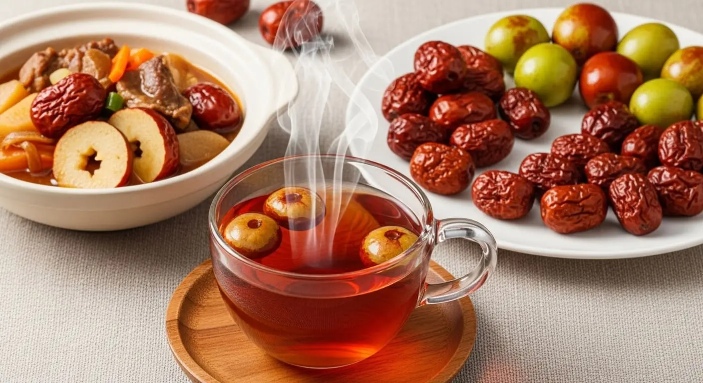 대추차, 삼계탕에 들어간 대추, 간식용 대추 등 다양한 대추 활용법을 보여주는 식음료 이미지.