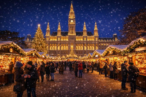 오스트리아 빈 크리스마스 빌리지에서 시청 광장을 배경으로 조명으로 장식된 목조 상점들과 크리스마스 트리 사이를 시민과 관광객들이 오가는 겨울 축제 풍경