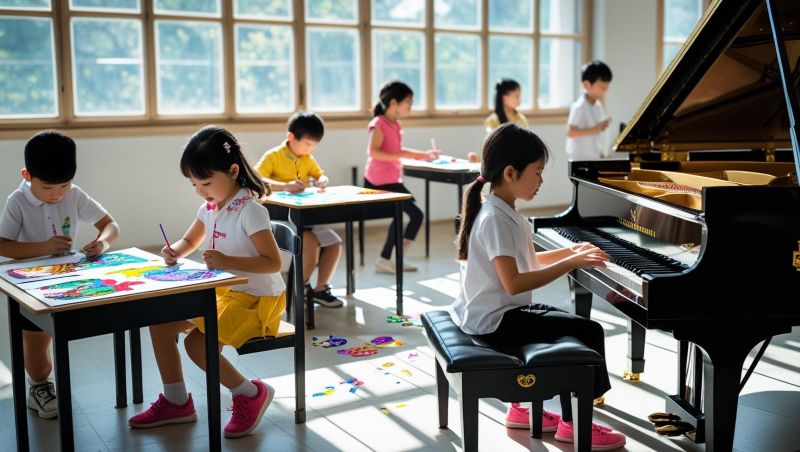 아이들이 피아노 치는 아이도 있고 미술을 그리는 아이도 있는 장면