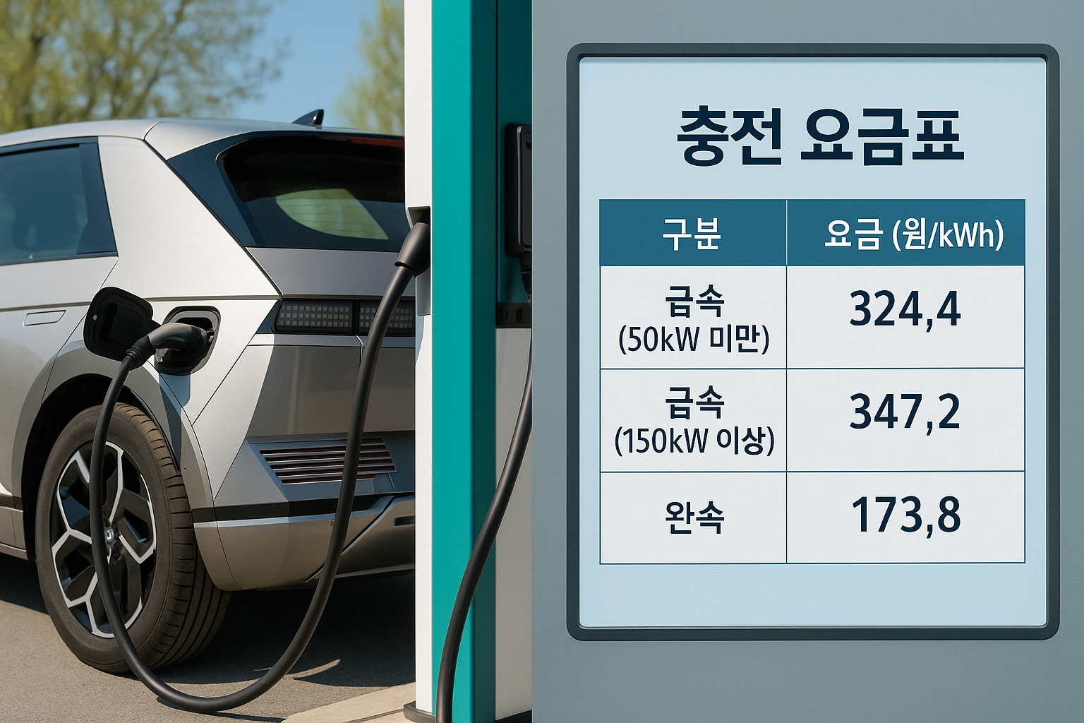 전기차 충전소에서 충전 중인 차량과 요금표 화면