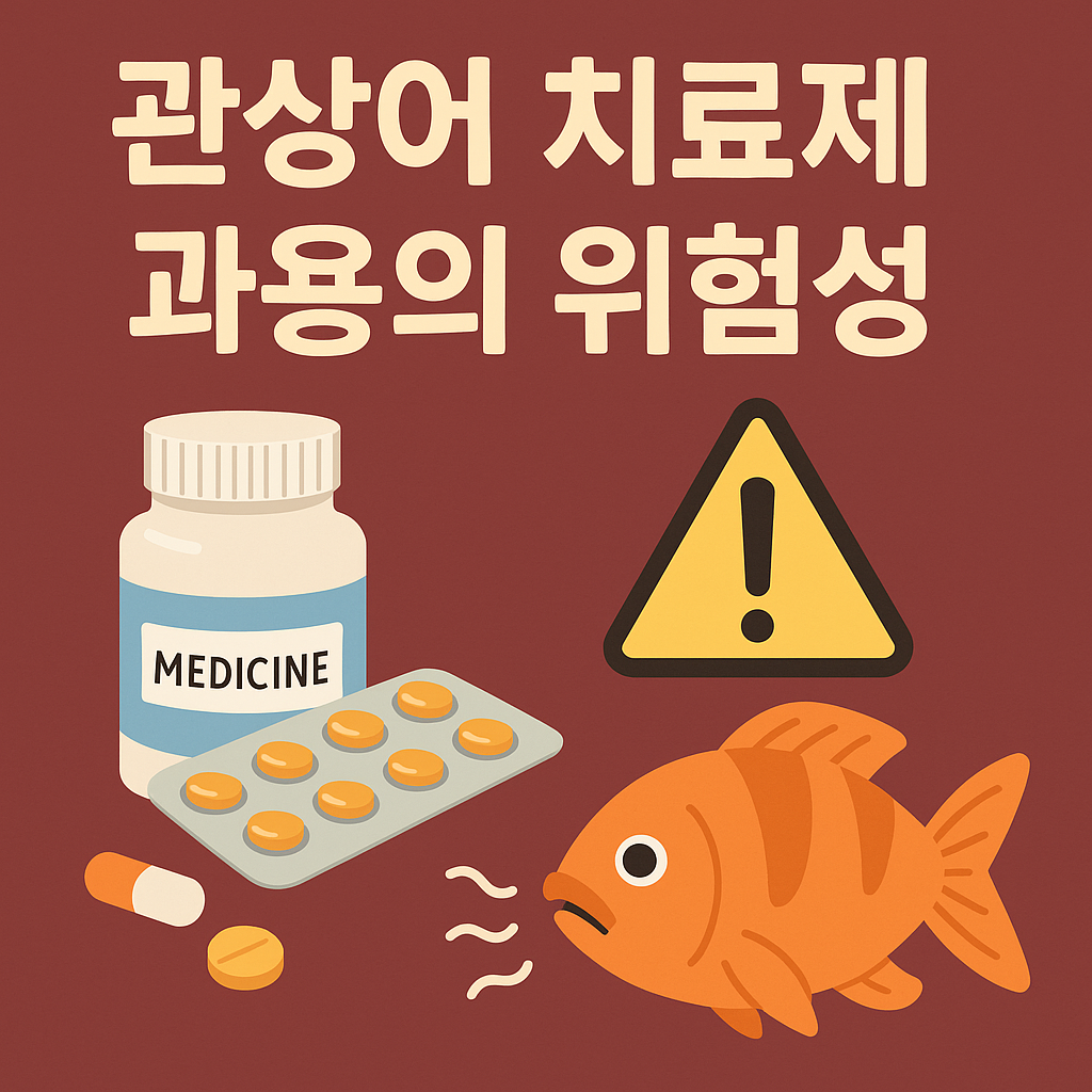 관상어 치료제 과용의 위험성을 경고하는 일러스트 – 약통, 알약, 경고표시와 함께 과다 복용으로 고통스러워하는 물고기의 모습이 표현된 경고 이미지