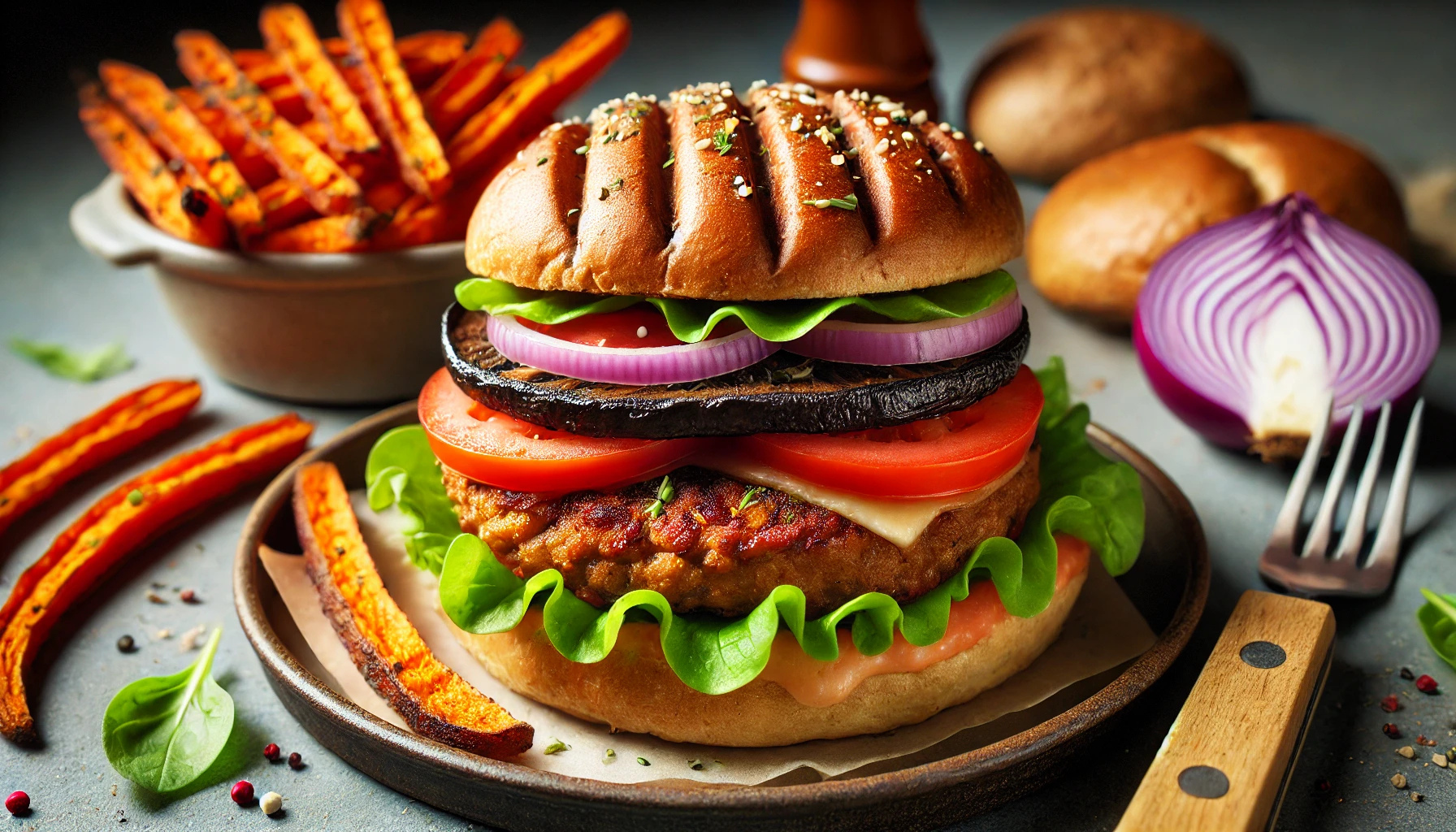 비건 포토벨로 버섯 버거 - 구운 포토벨로 버섯 패티가 들어간 건강한 햄버거