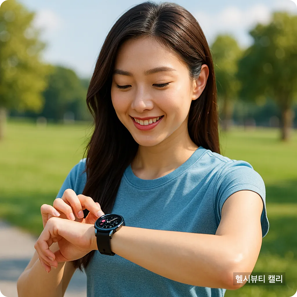 스마트워치를 확인하며 웃고 있는 20대 여성, 초록이 풍성한 야외 공원에서 운동 준비 중인 모습