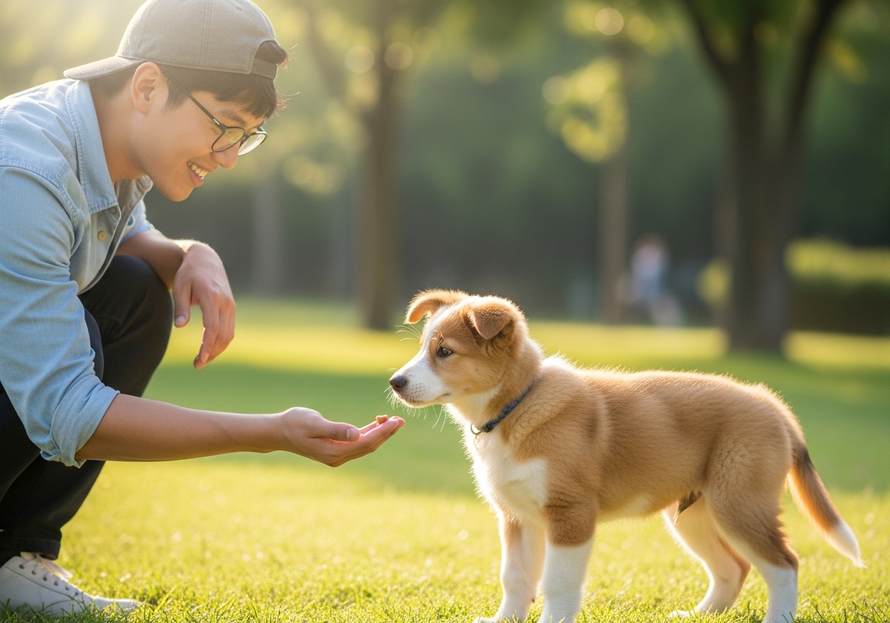 공원에서 한 남성이 몸을 낮추고 어린 강아지에게 손바닥으로 간식을 주며 긍정적인 첫 만남을 갖는 모습. 안전한 사람 사회화 훈련의 예시.
