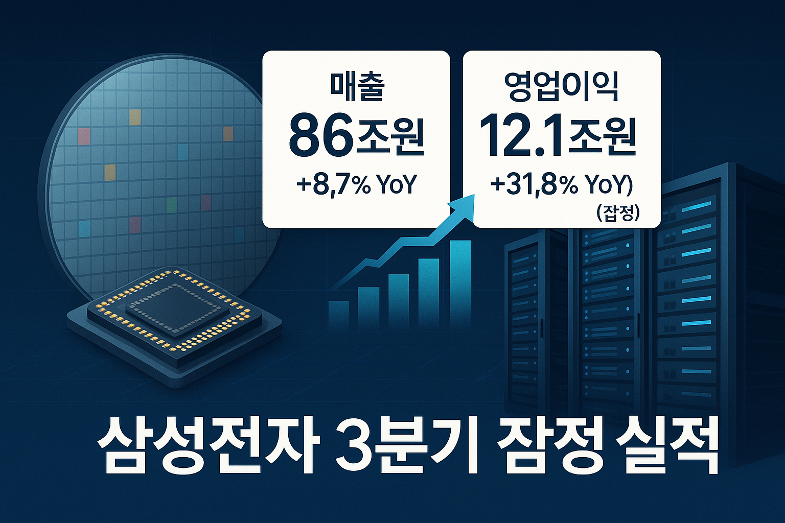 삼성전자 3Q 잠정 실적, 반도체 웨이퍼·서버·상승 그래프