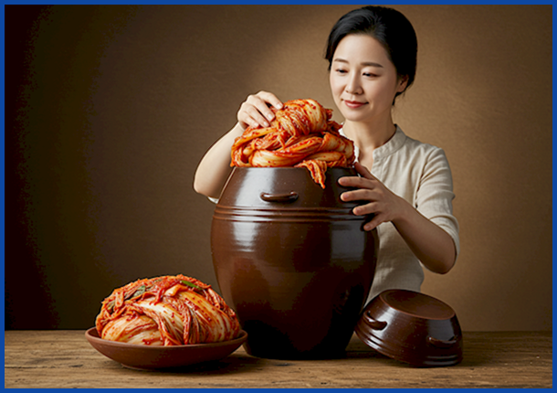 한국 전통 옹기에 담긴 신선한 김치와 김치를 꺼내는 한국 여성의 모습&amp;#44; 김치의 발효 효능과 건강 이점을 상징합니다.