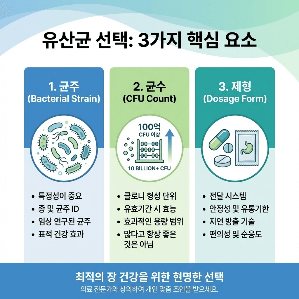 유산균 균주 균수 제형 비교 선택 가이드 개념도