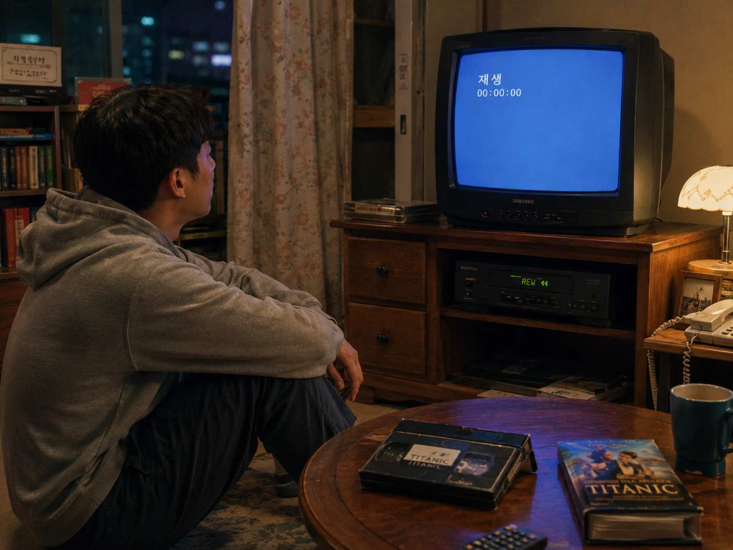 밤의 거실에서 한 사람이 CRT 텔레비전 아래 VCR의 되감기가 끝나기를 기다리는 모습
