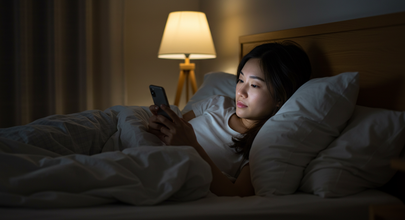 새벽시간에 깨어 스마트폰을 하는 여성