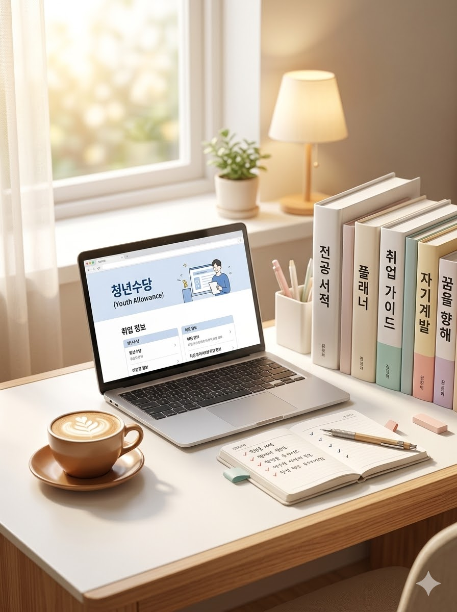 햇살이 부드럽게 들어오는 아늑한 카페 혹은 깔끔한 내 방 책상