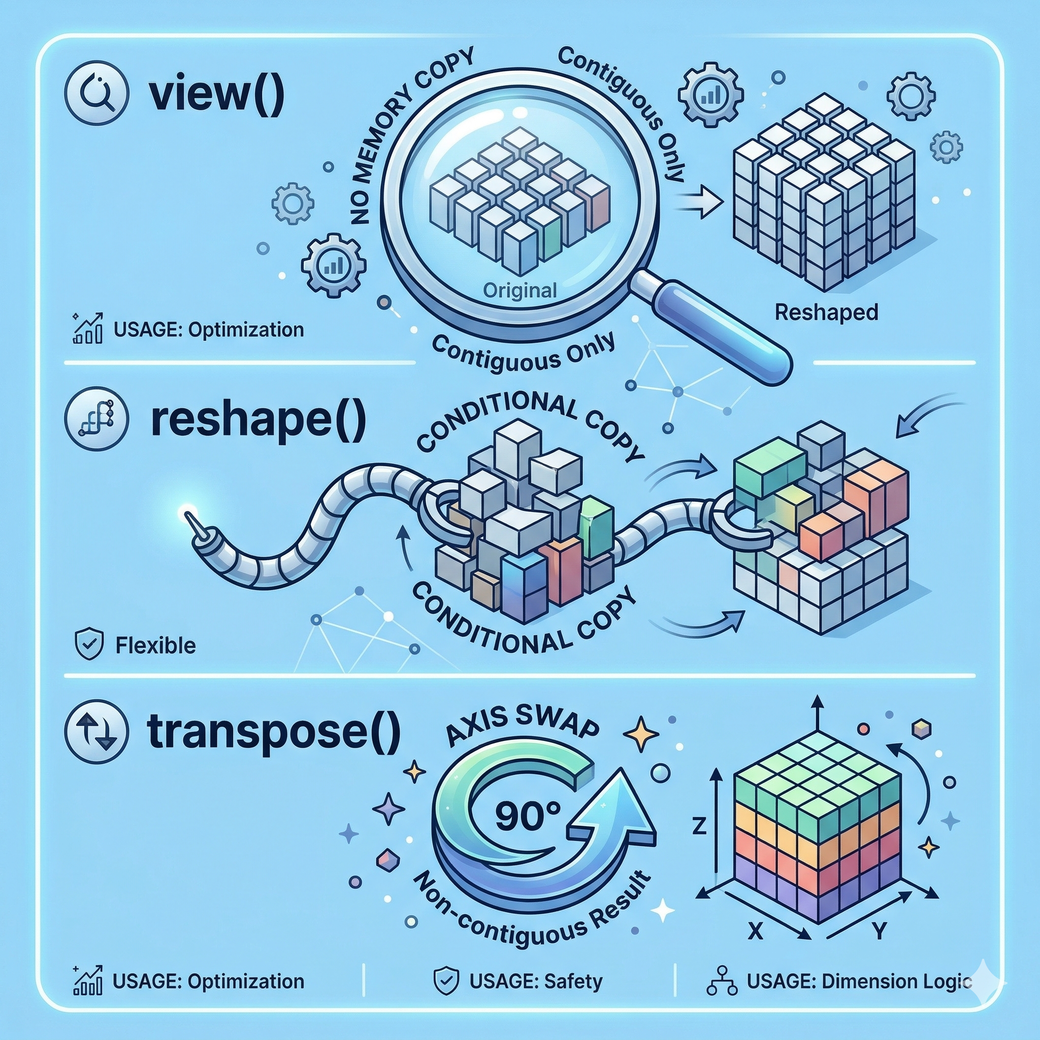 view, reshape, transpose