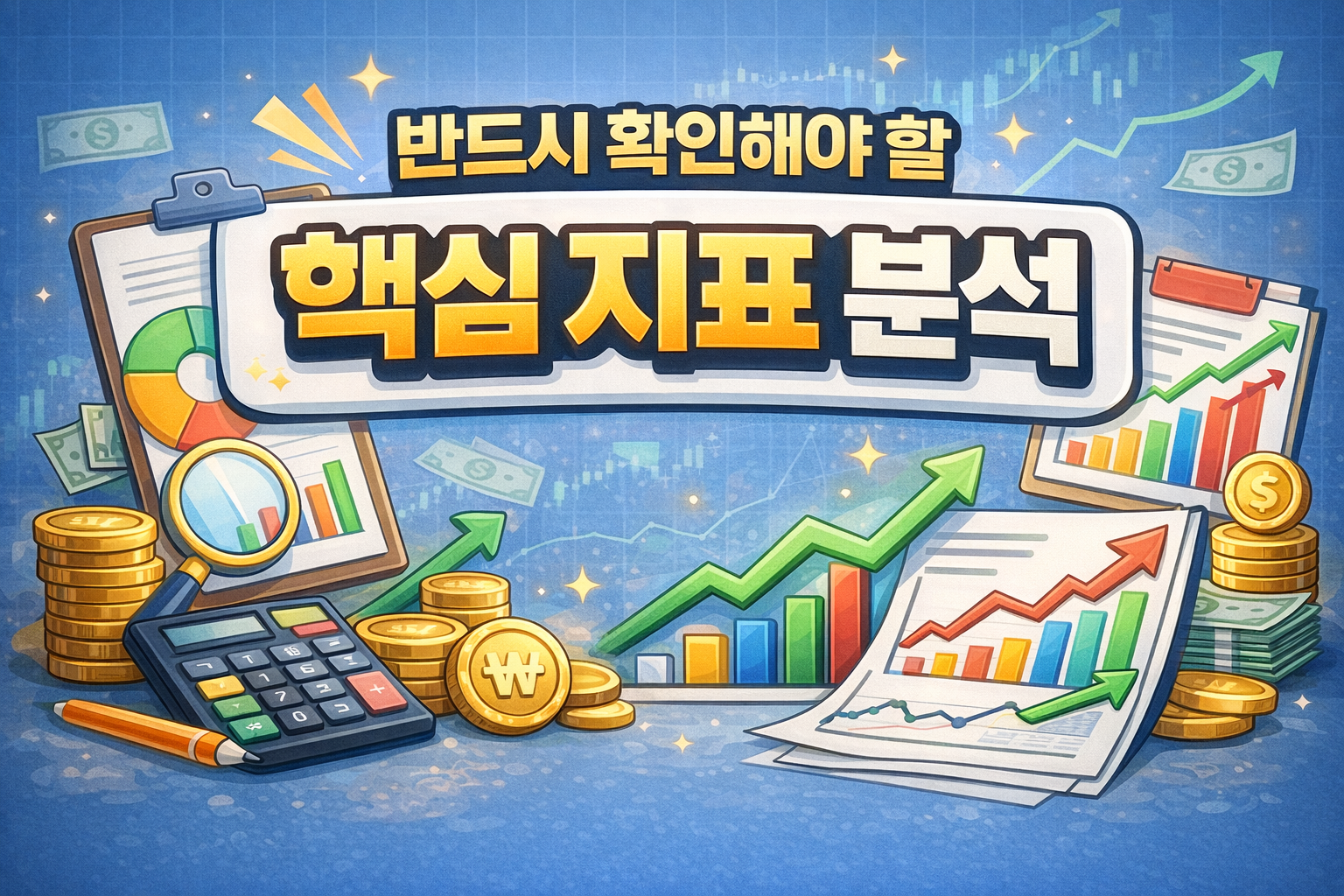 반드시 확인해야 할 핵심 지표 분석을 표현한 2D 일러스트 이미지, 주식 시장 지표와 경제 데이터 분석을 상징하는 그래픽