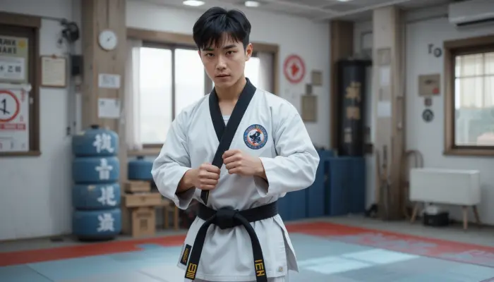 태권도 띠 매는법을 시연하는 한국인 남성