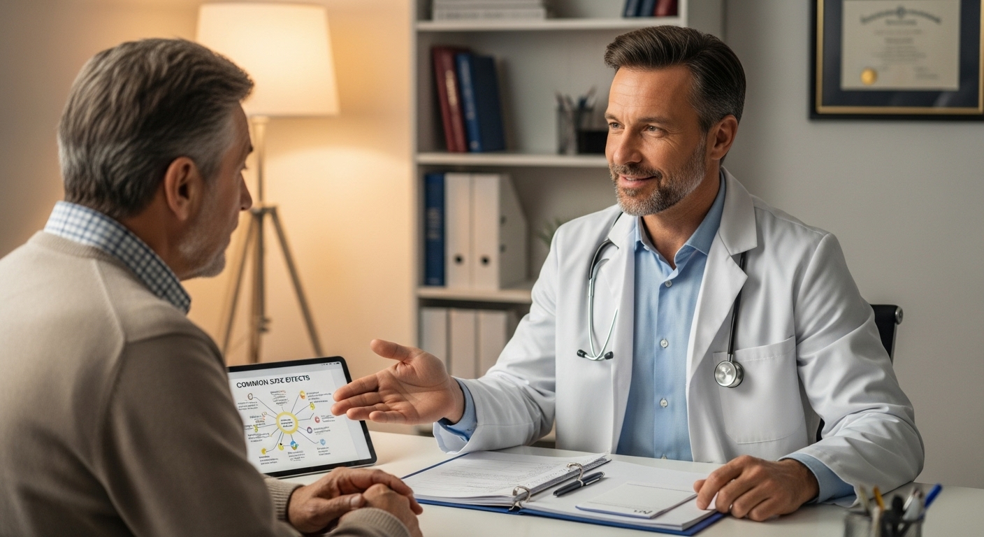 의사와 환자가 발기부전제 처방 및 부작용에 대해 상담하는 모습