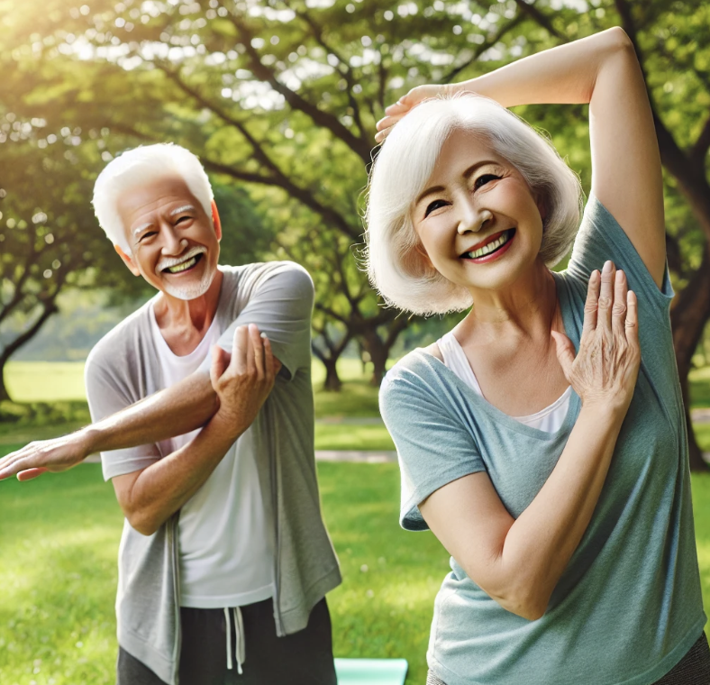 공원에서 가벼운 스트레칭을 하며 운동하는 노년 부부, 밝은 미소와 푸른 자연 속에서 건강한 분위기를 연출