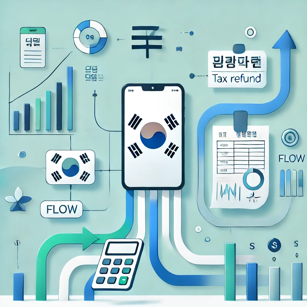 클라우드 아이콘과 환급 양식이 포함된 깨끗한 한국 세금 서비스 배경 (사람 없음)