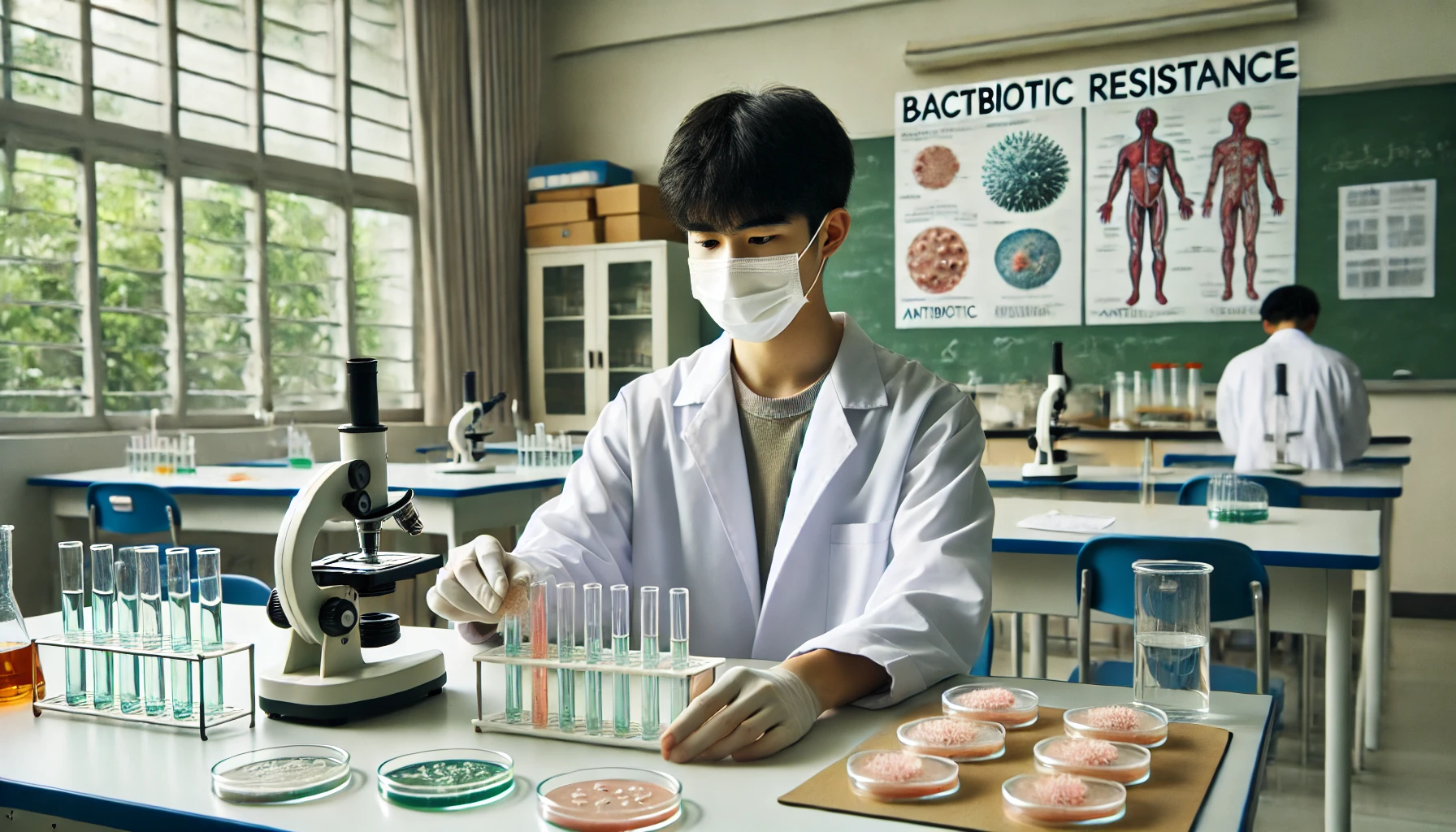 항생제 내성 실험을 진행 중인 고등학생의 진지하고 학문적인 분위기