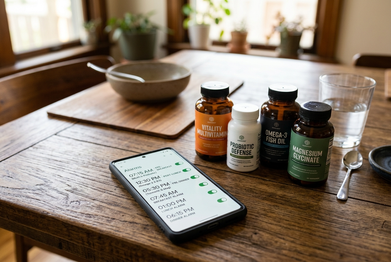 식사 전후로 정확한 타이밍에 영양제를 복용하기 위해 알람을 맞춰둔 스마트폰 화면