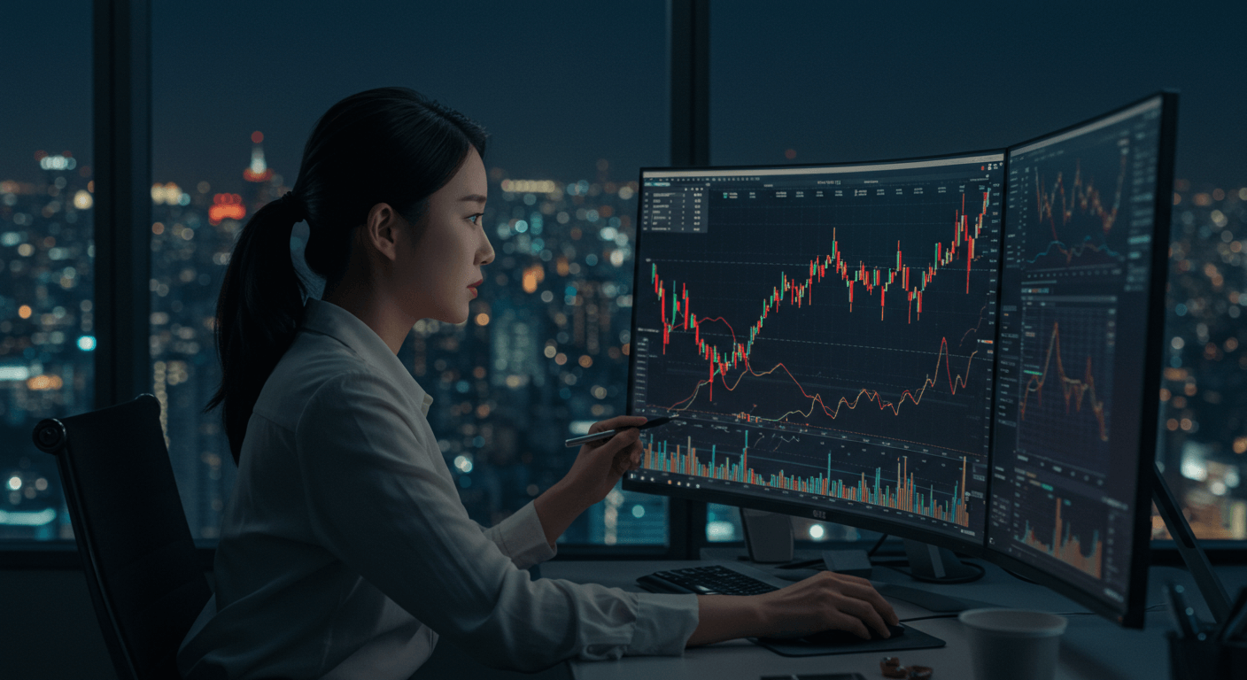 한국 여성이 주식 차트를 분석하며 매매 타이밍을 고민하는 장면 1