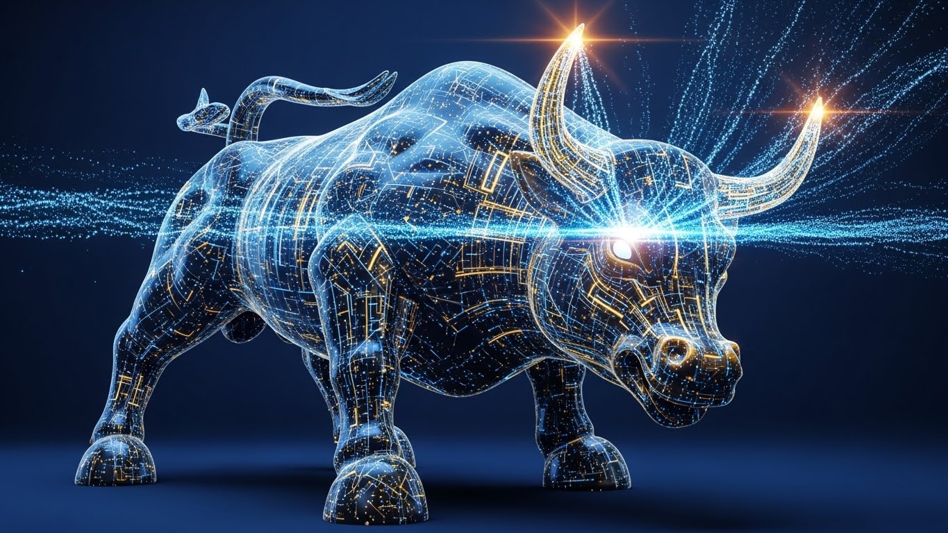Futuristic financial bull statue made of digital circuits and glowing lines, symbolizing the AI-driven bull market, dark blue background.