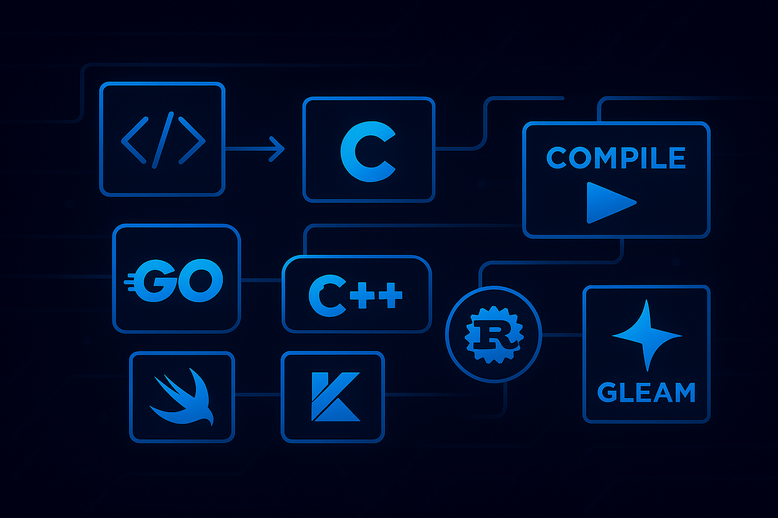 2025년 컴파일 언어들이 코드 에디터처럼 구조적으로 연결된 기술적 일러스트
