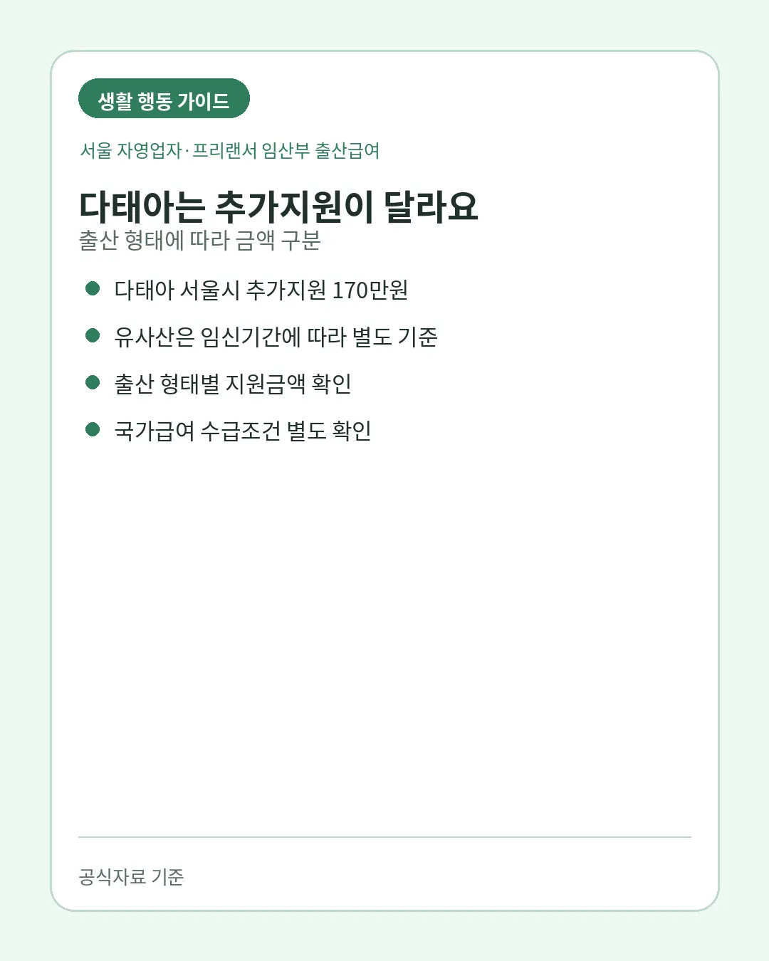 서울 자영업자 프리랜서 다태아 170만원 추가지원과 유사산 기준