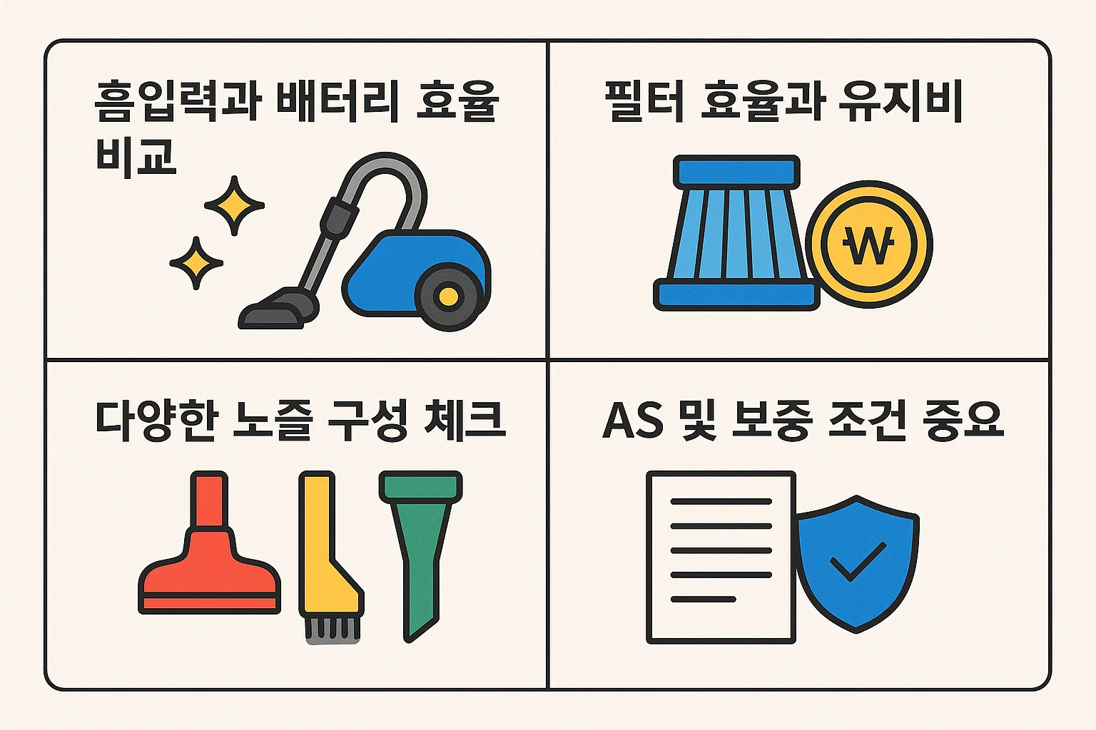 샤오미 무선청소기 흡입력, 배터리 효율, 필터 유지비, 노즐 구성, AS 조건 등 구매 전 확인해야 할 주요 비교 포인트를 정리한 인포그래픽