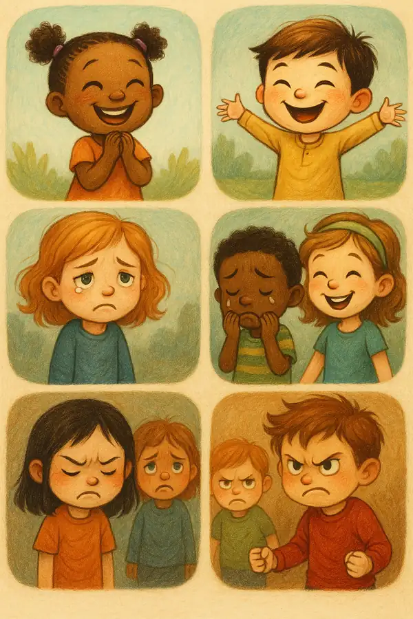 다양한 연령대 아이들의 감정 표현 (행복, 슬픔, 화남) 일러스트 콜라주