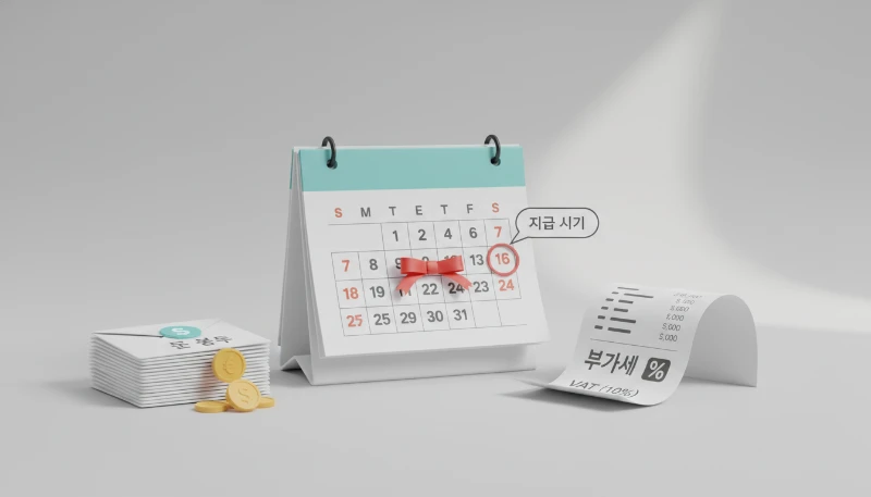 지급 시기와 부가세를 설명하기 위해 달력과 돈 봉투, 영수증이 깔끔하게 정돈된 일러스트, 입체적인 3D 렌더링 스타일