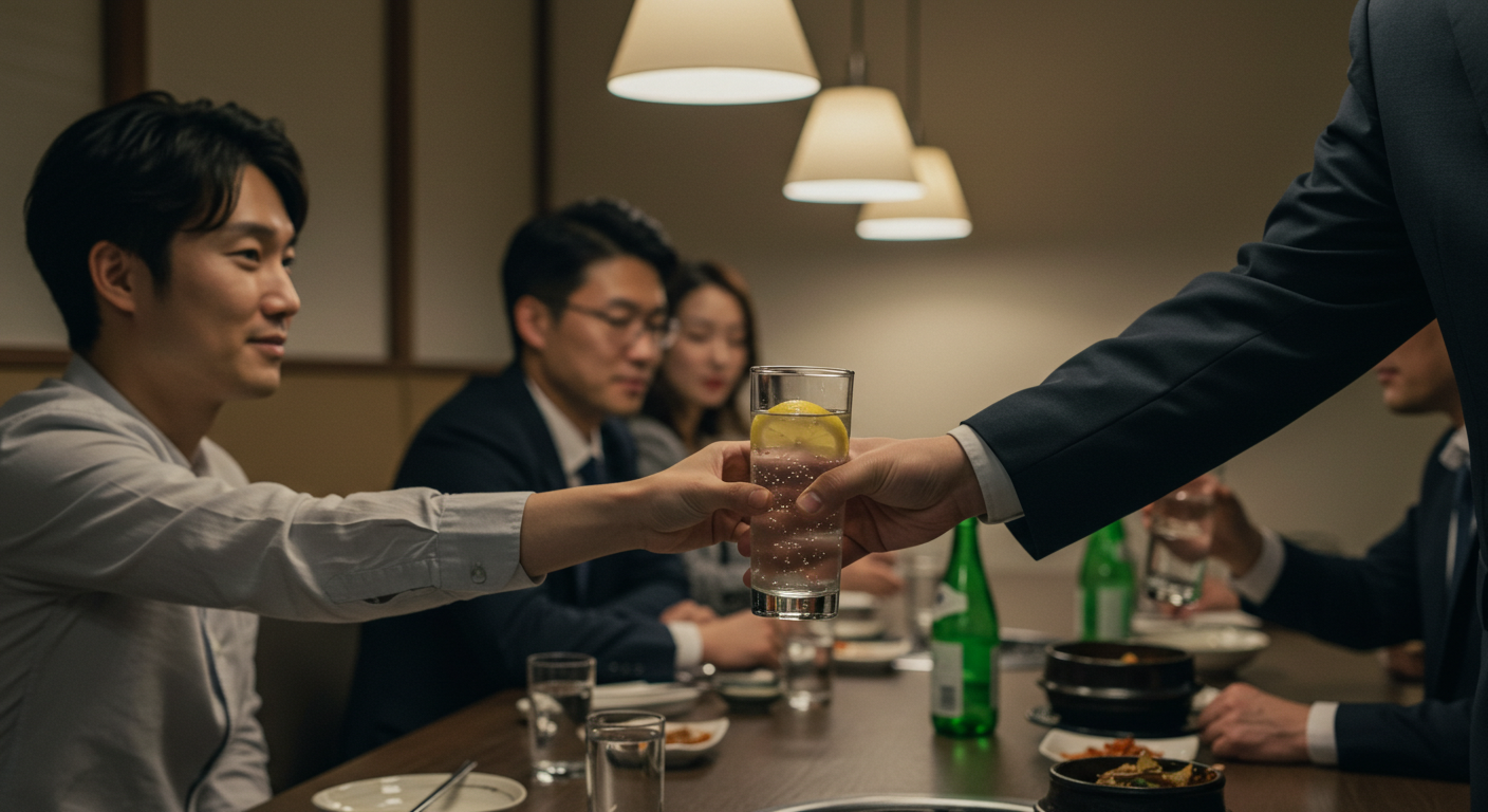 회식 자리에서 동료들은 술을 마시는 반면, 한 직장인이 레몬을 넣은 탄산수를 선택하여 간헐적 단식을 유지하는 모습. 사회적 상황에서도 건강한 선택을 하는 방법을 보여줍니다.