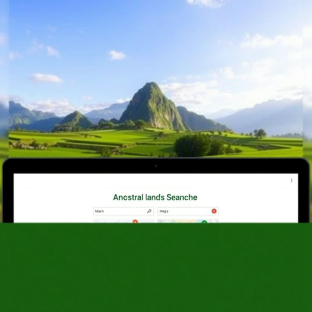 노트북이나 태블릿 화면에 '조상 땅 찾기' 서비스 웹페이지가 선명하게 열려 있고, 화면 너머로 푸른 들판이나 산과 같은 자연 풍경이 펼쳐져 있습니다. 기술과 자연의 조화를 통해 편리함을 강조합니다.