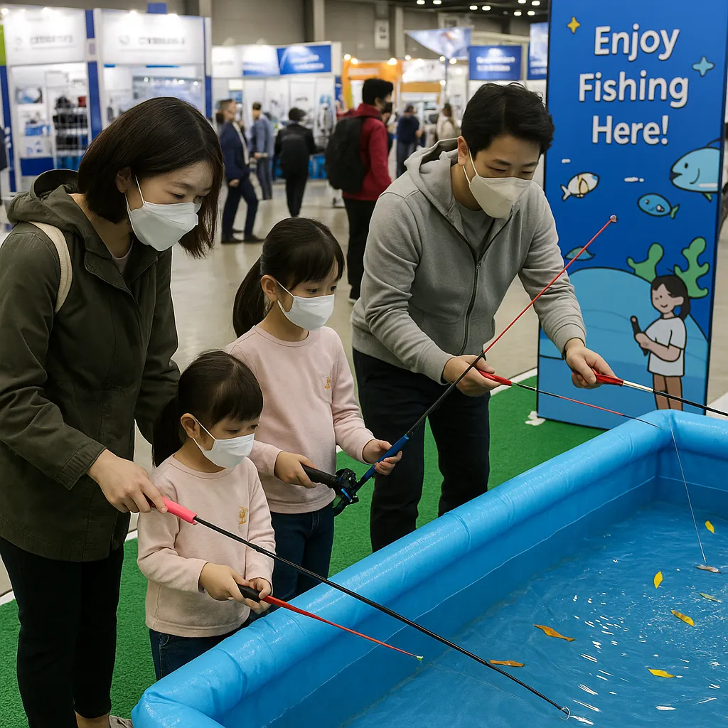 가족 단위 관람객이 어린이 낚시 체험존에서 체험을 즐기는 장면