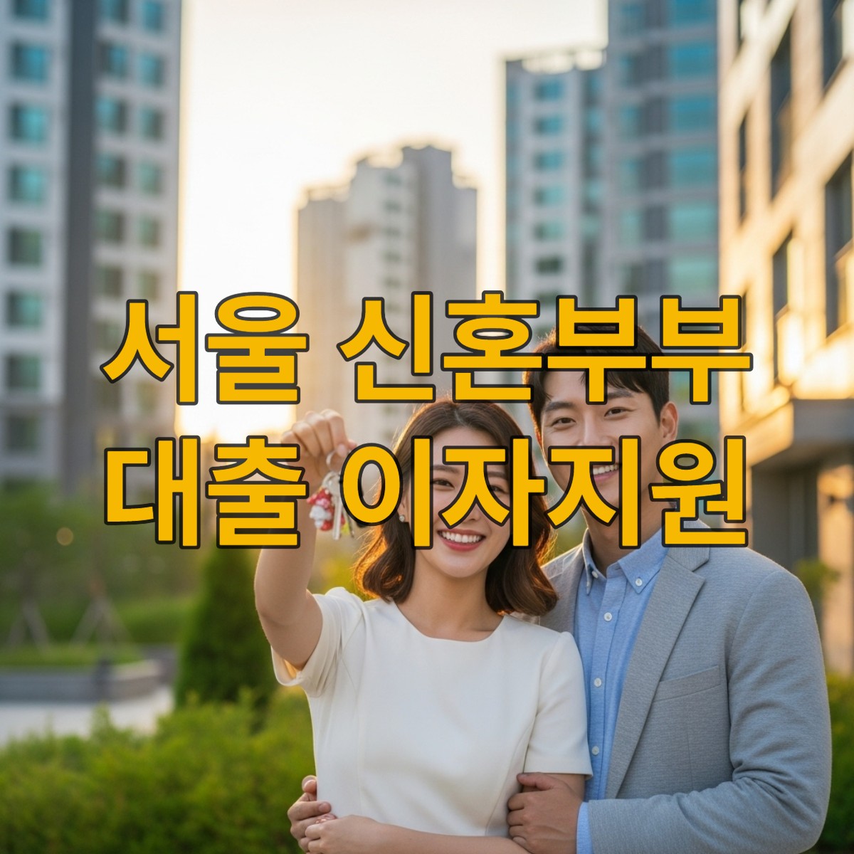 서울의 새 아파트 앞에서 행복하게 웃고 있는 신혼부부, 희망찬 미래를 상징