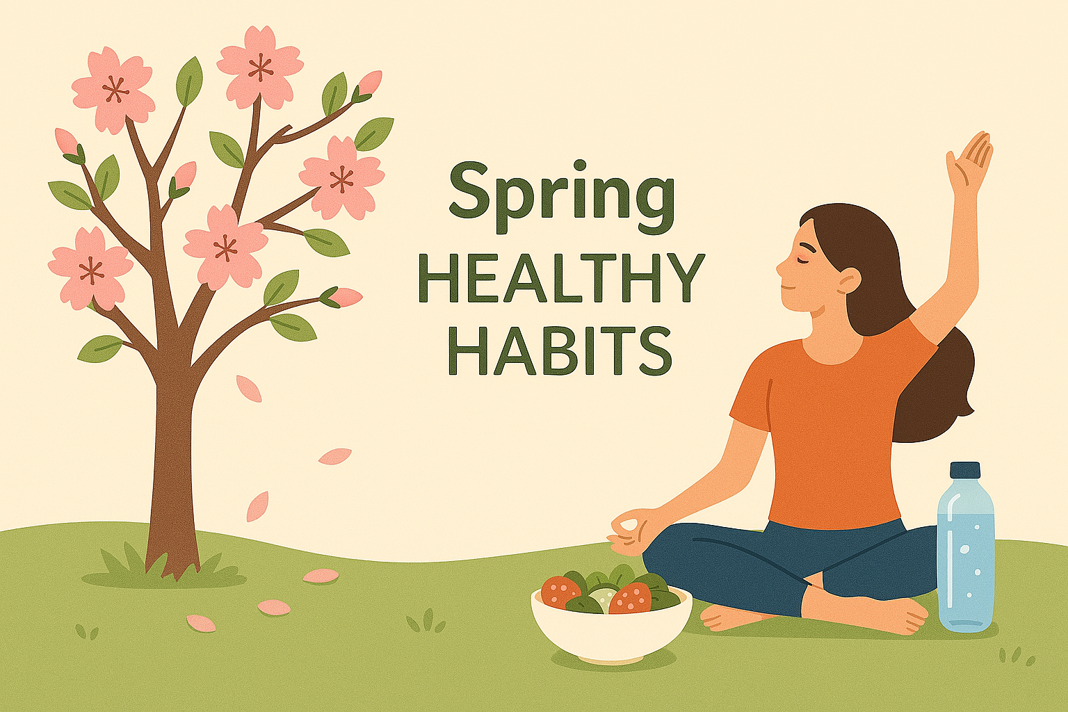 봄철 건강 관리를 상징하는 플랫 스타일 일러스트 벚꽃과 따듯한 햇살아래 스트레칭하는 봄철 웰빙 루틴을 나타냄
