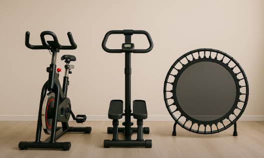 실내 사이클, 스텝퍼, 트램폴린 사진(좌측부터)