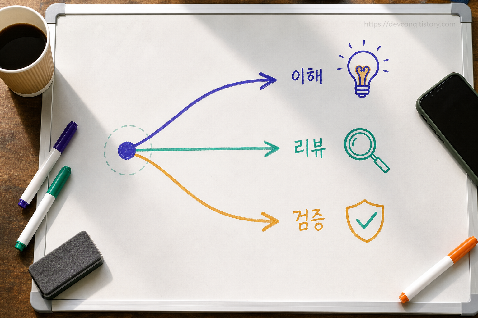 세 갈래로 갈라지는 길을 은유한 화이트보드 스케치, 이해·리뷰·검증 세 방향 화살표