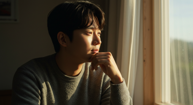 창문을 바라보며 생각에 잠긴 한국인 남성