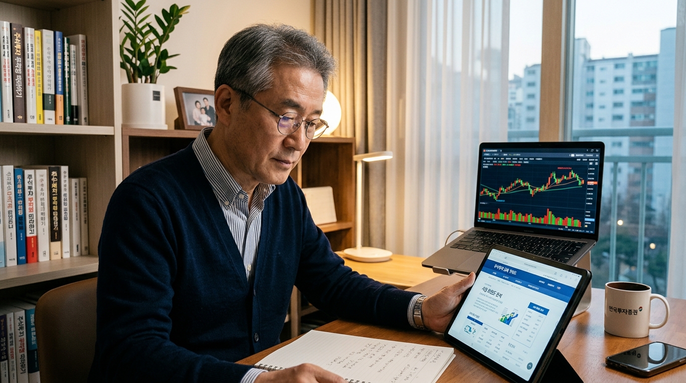 스마트폰 주식 거래 어플리케이션 화면에 선명하게 나타난 삼성전자 2배 레버리지 상품의 매수 체결 명세서와 고정 자산 분석용 정밀 계산기 배치 모습