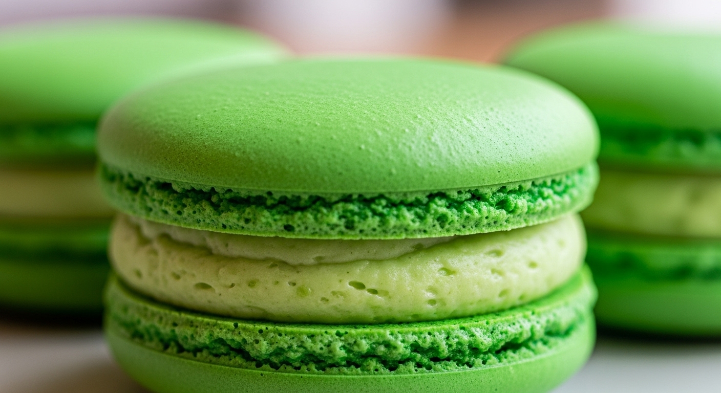 초록색 와사비 크림이 채워진 마카롱의 클로즈업. 톡 쏘는 맛이 느껴지는 듯한 선명한 색감이 돋보입니다.