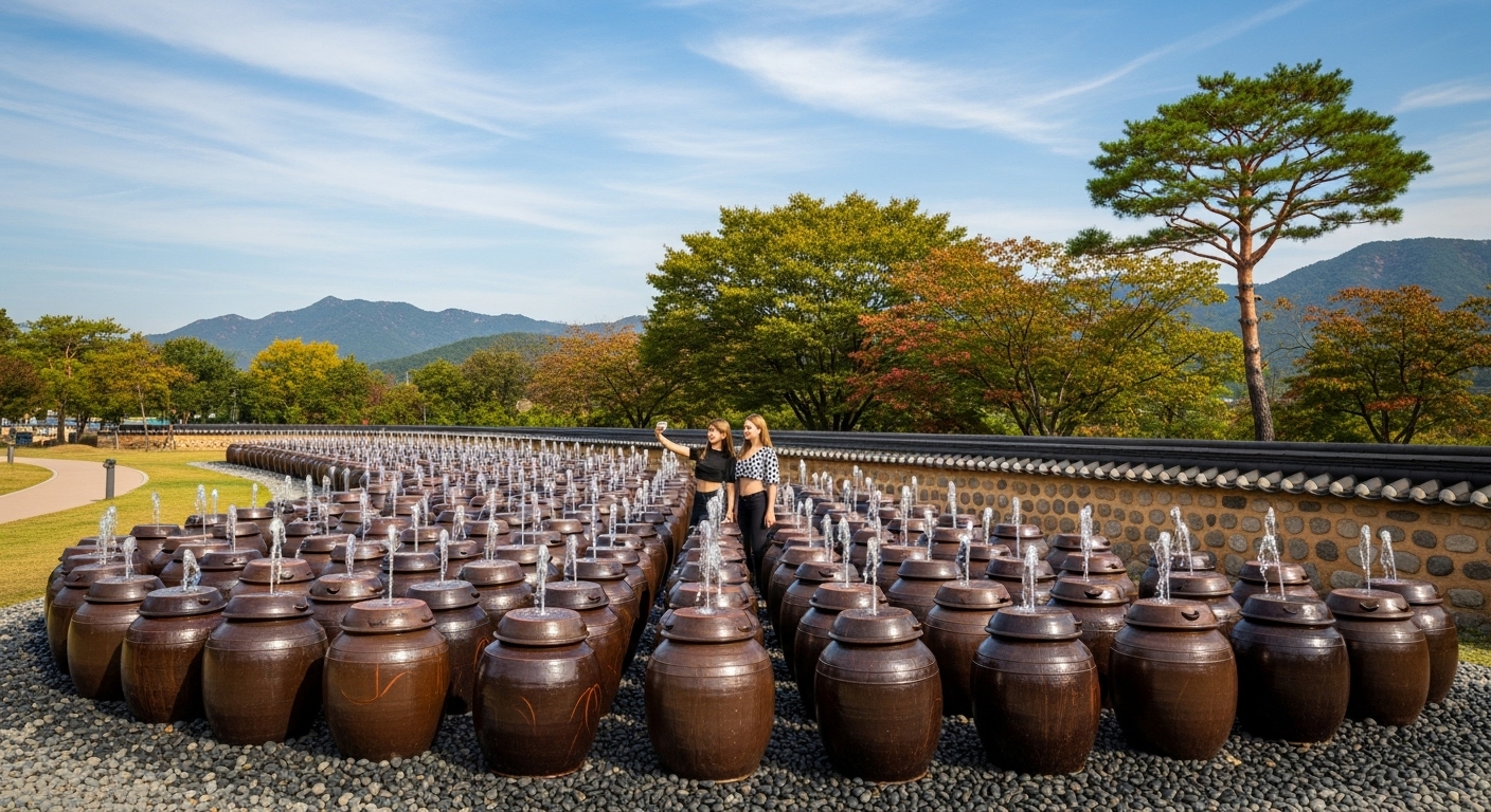 항아리분수에서 사진을 찍는 두여인.