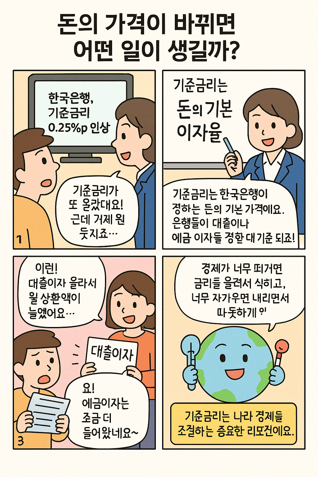 한국은행의 기준금리 인상을 주제로 한 4컷 만화.
시민의 궁금증, 은행원의 설명, 생활 속 변화, 경제 조절 도구로서의 기준금리를 쉽게 설명한 교육용 만화.