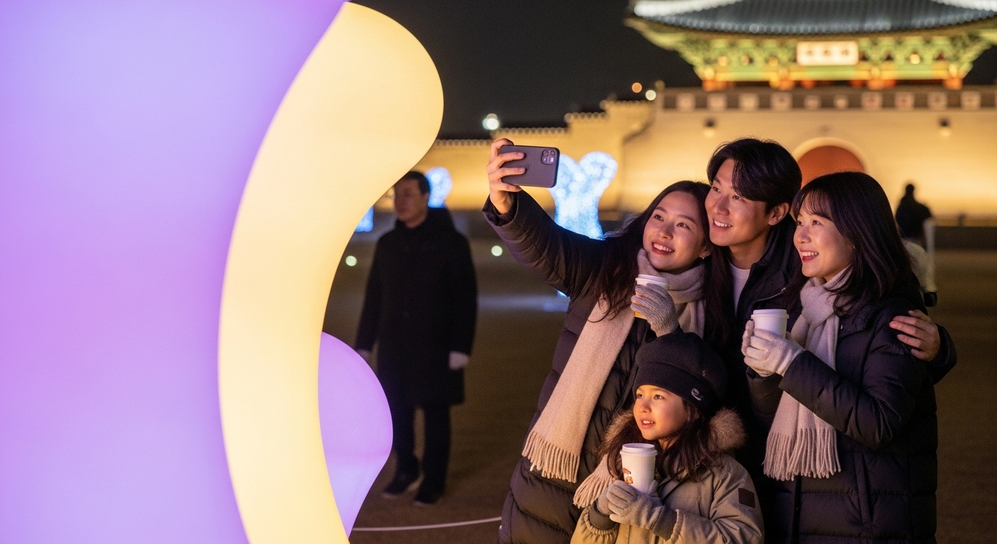 2025 서울라이트 광화문 축제에서 빛 조형물 앞에서 셀카를 찍는 연인의 모습. 주변에는 따뜻하게 옷을 입은 사람들이 축제를 즐기고 있으며, 은은한 보랏빛과 노란빛 조명이 겨울밤을 밝히는 따뜻한 풍경.