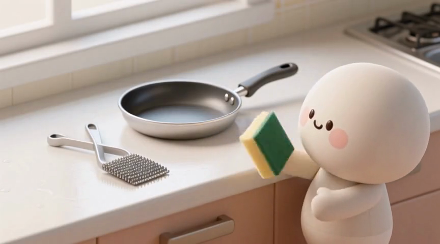 코팅팬 옆에서 부드러운 스펀지를 고르는 캐릭터