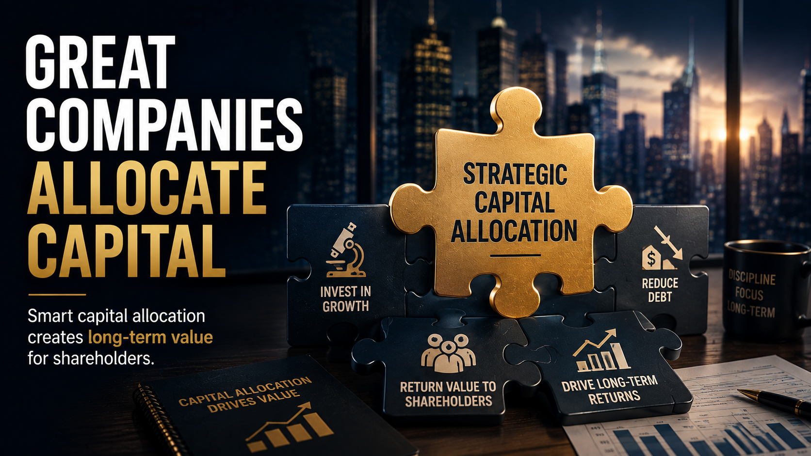 Visualization of strategic capital allocation including business investment, debt reduction, dividends, and share repurchases.