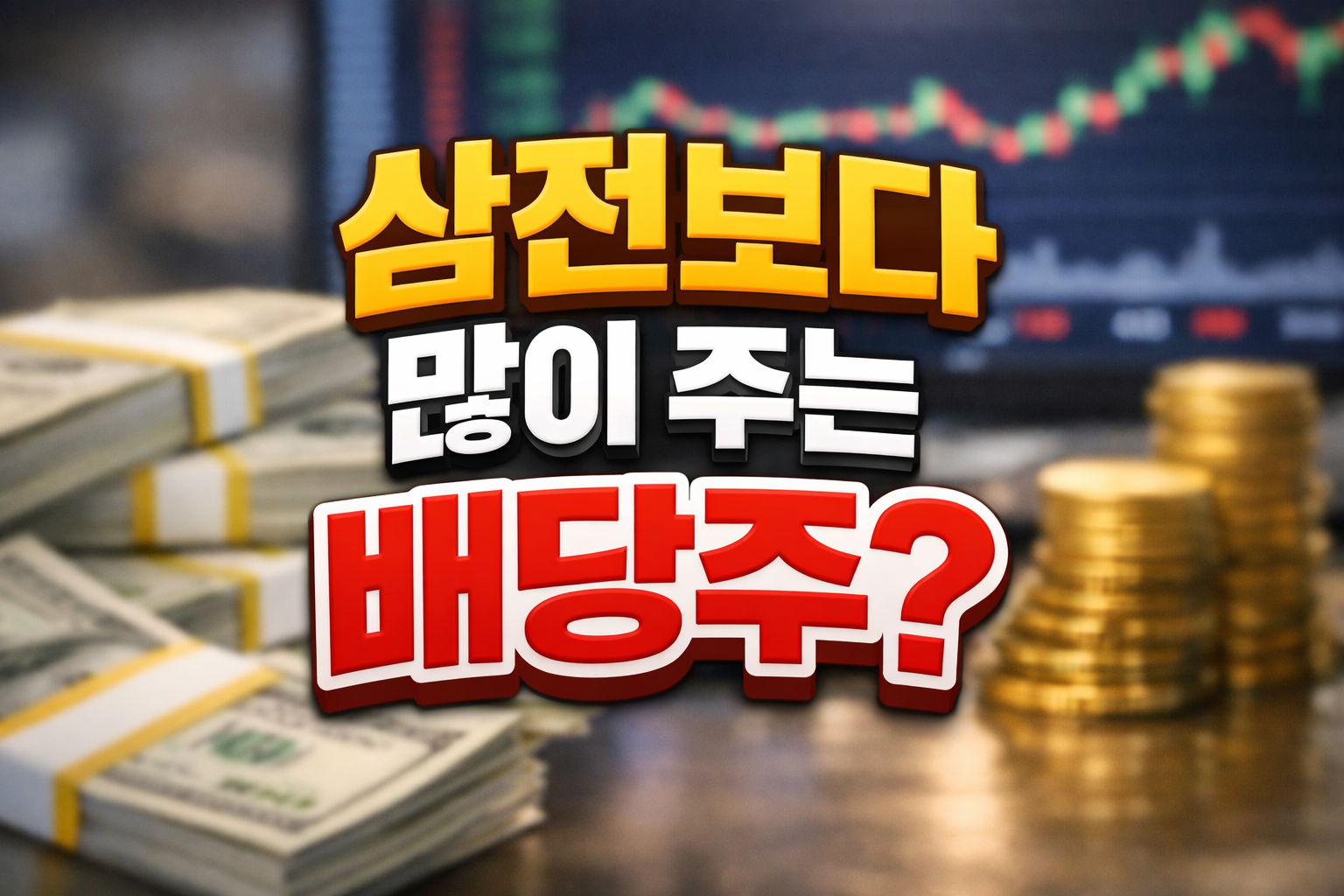 주식 차트가 흐릿하게 보이는 배경 앞에 달러 지폐 묶음과 금화 더미가 놓여 있고, 중앙에 &ldquo;삼전보다 많이 주는 배당주?&rdquo;라는 문구가 크게 표시된 썸네일 이미지