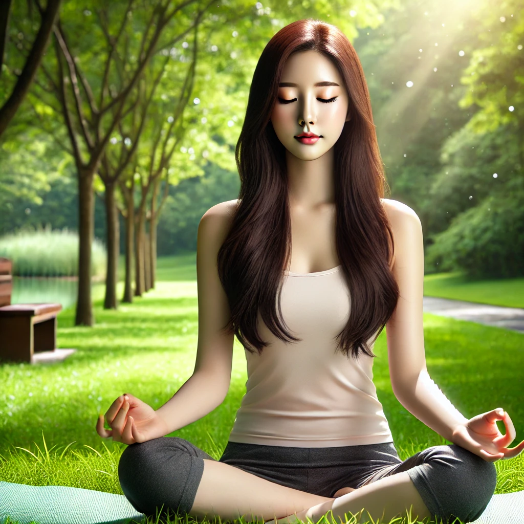 공원에서 요가 매트에 앉아 명상하며 평온한 표정을 짓는 젊은 여성