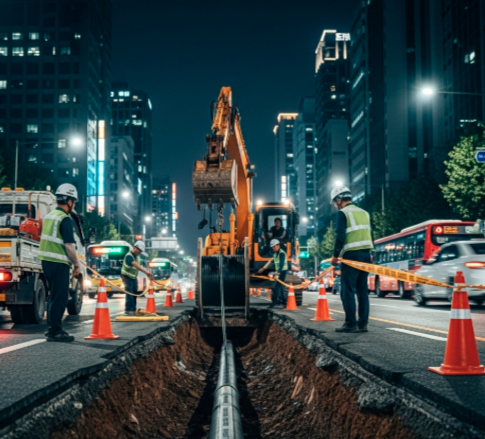 a major city street cutaway during the installation of a thick, labeled "room‑temperature superconductor" underground cable